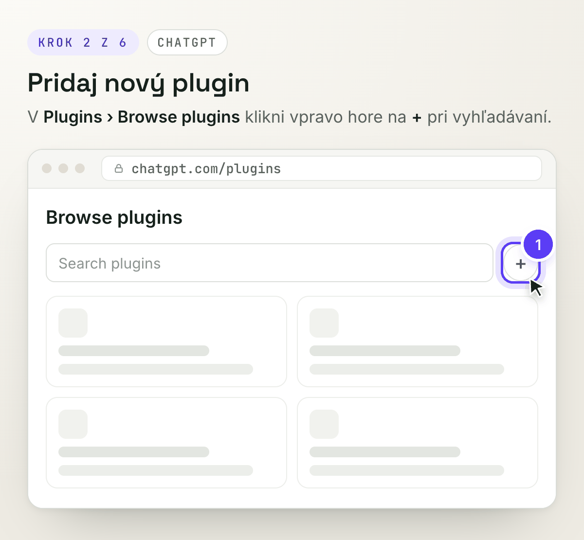 Browse plugins v ChatGPT a tlačidlo + pri vyhľadávaní