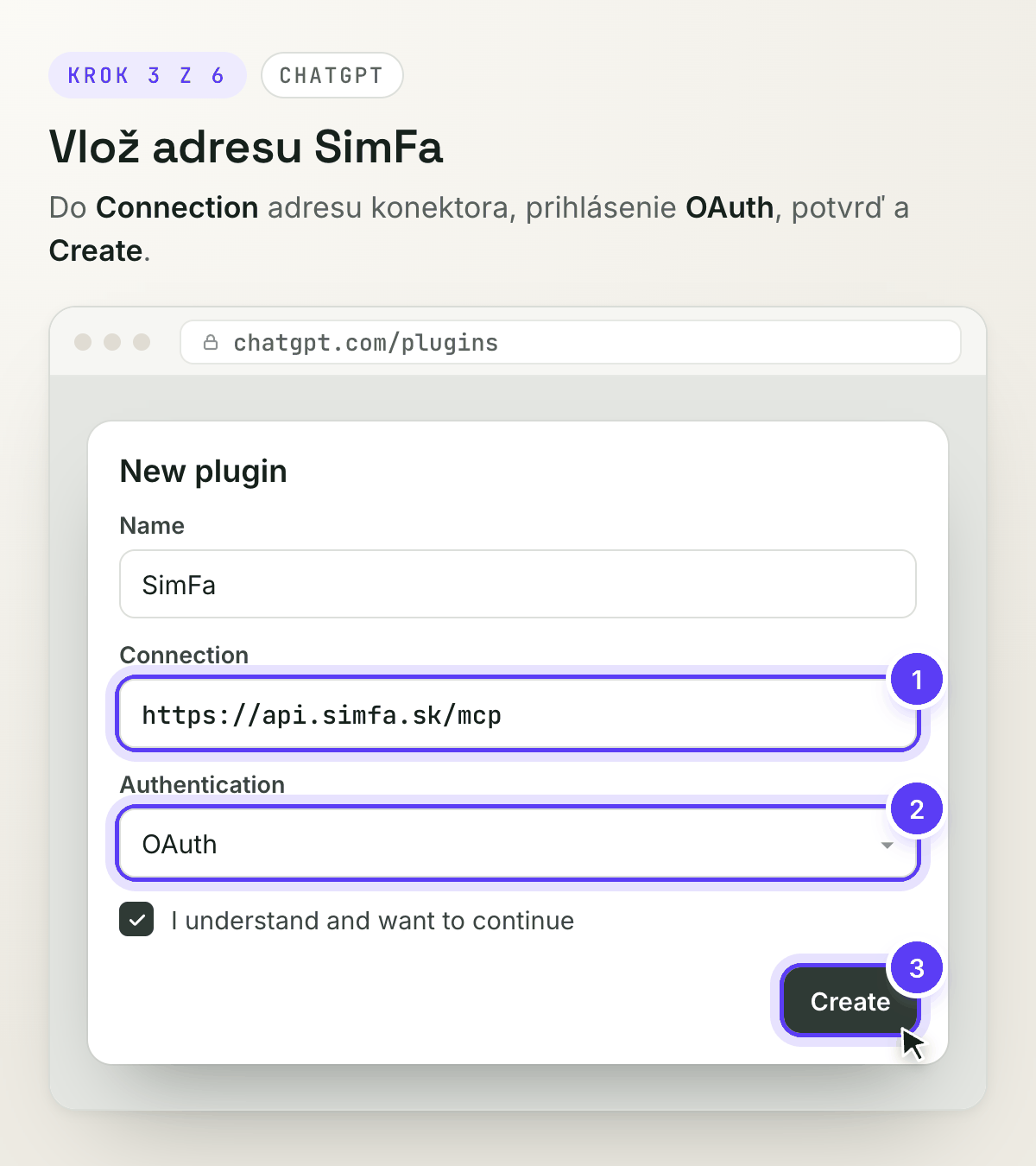 Okno nového pluginu s adresou SimFa a prihlásením OAuth