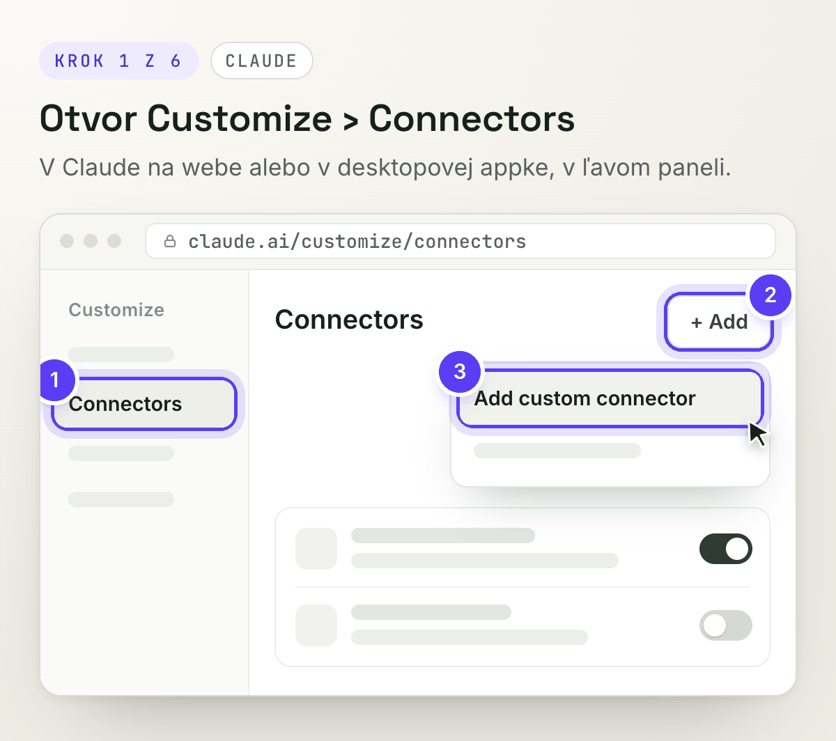 Claude, Customize › Connectors a ponuka + Add › Add custom connector
