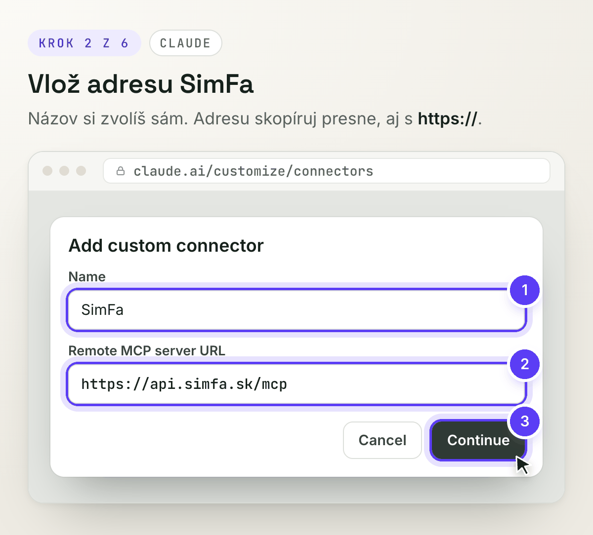 Okno Add custom connector s názvom SimFa a adresou konektora