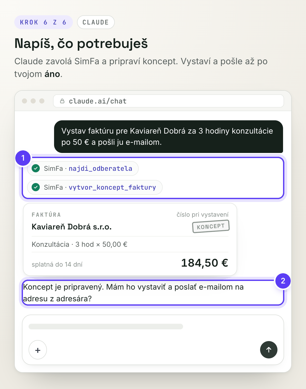 Rozhovor v Claude: nástroje SimFa, koncept faktúry a otázka pred vystavením