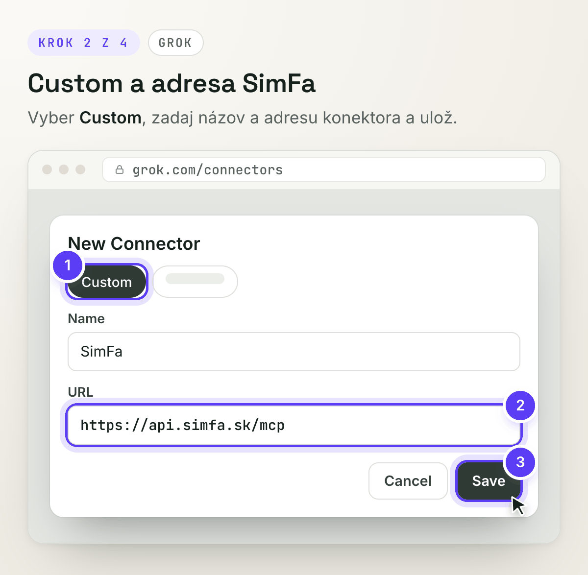 Nový konektor v Groku: Custom, názov a adresa SimFa