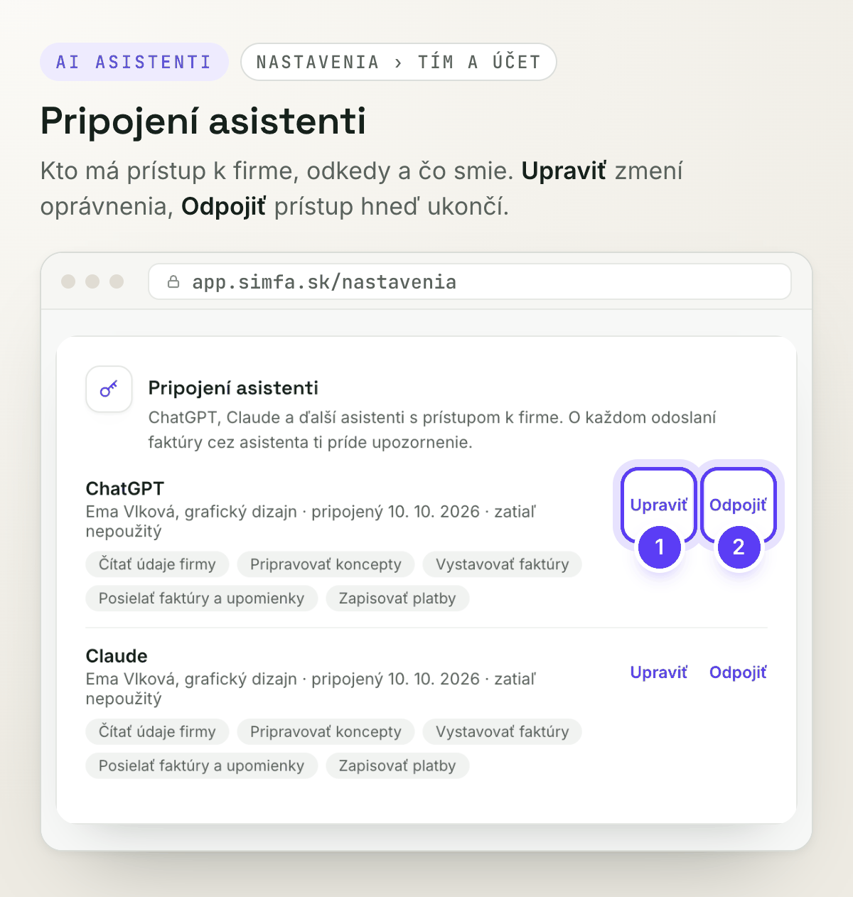 Karta Pripojení asistenti v Nastaveniach, Upraviť a Odpojiť