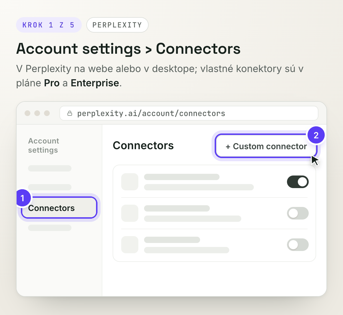 Nastavenia Perplexity, Connectors a + Custom connector