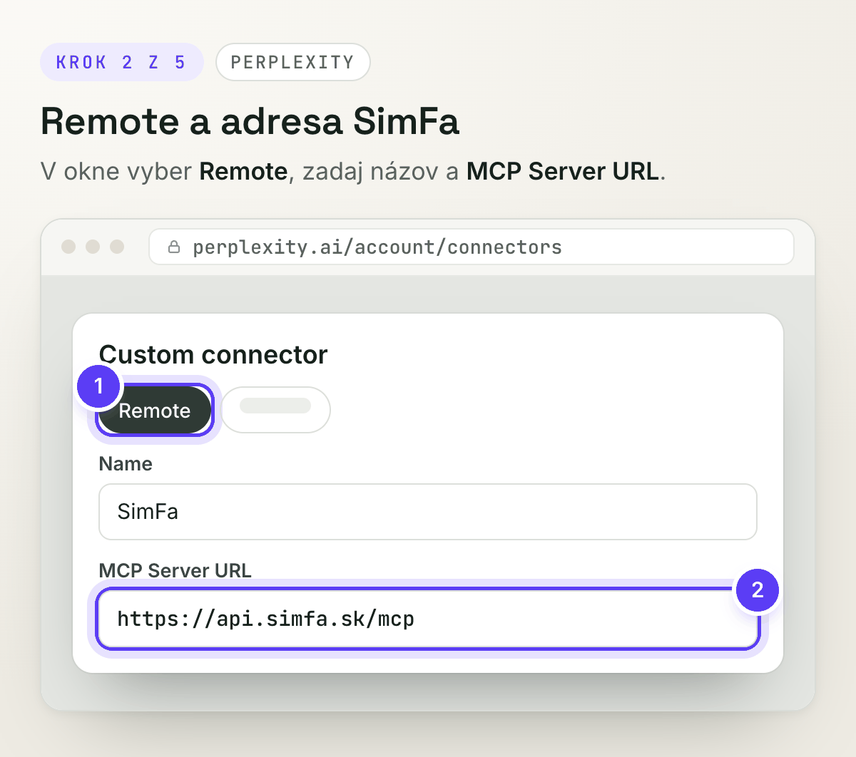 Vlastný konektor v Perplexity: Remote, názov a adresa SimFa