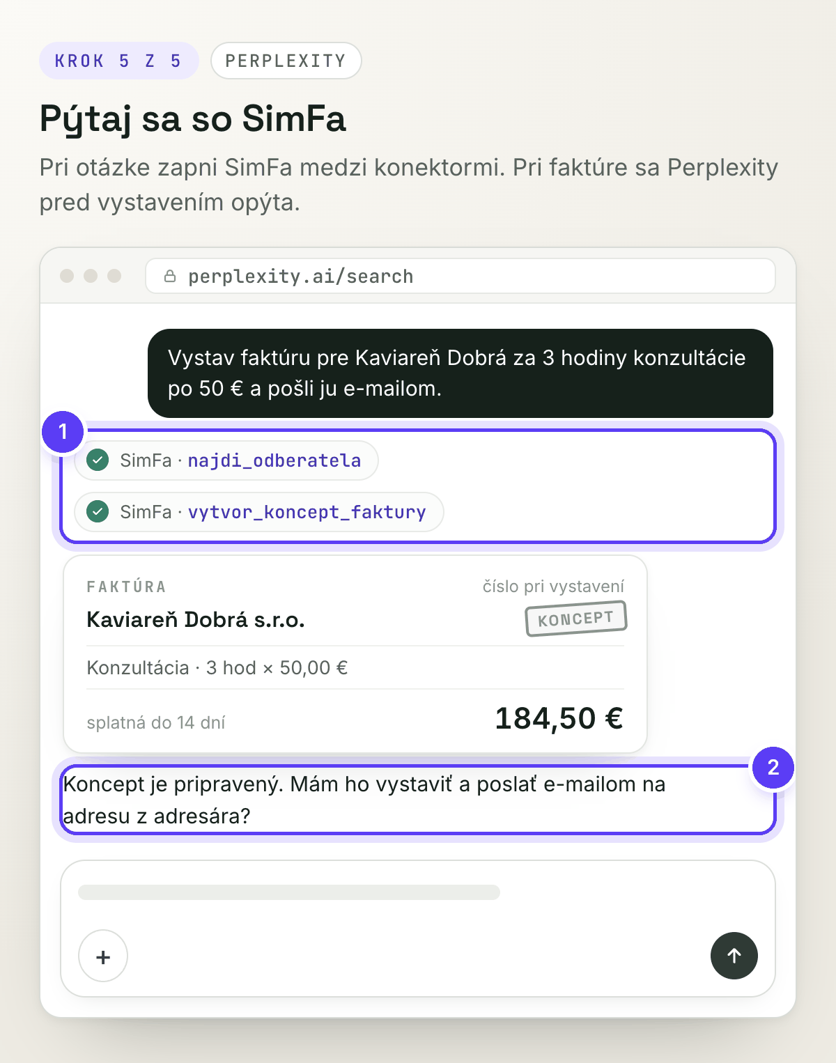 Rozhovor v Perplexity: nástroje SimFa a koncept faktúry