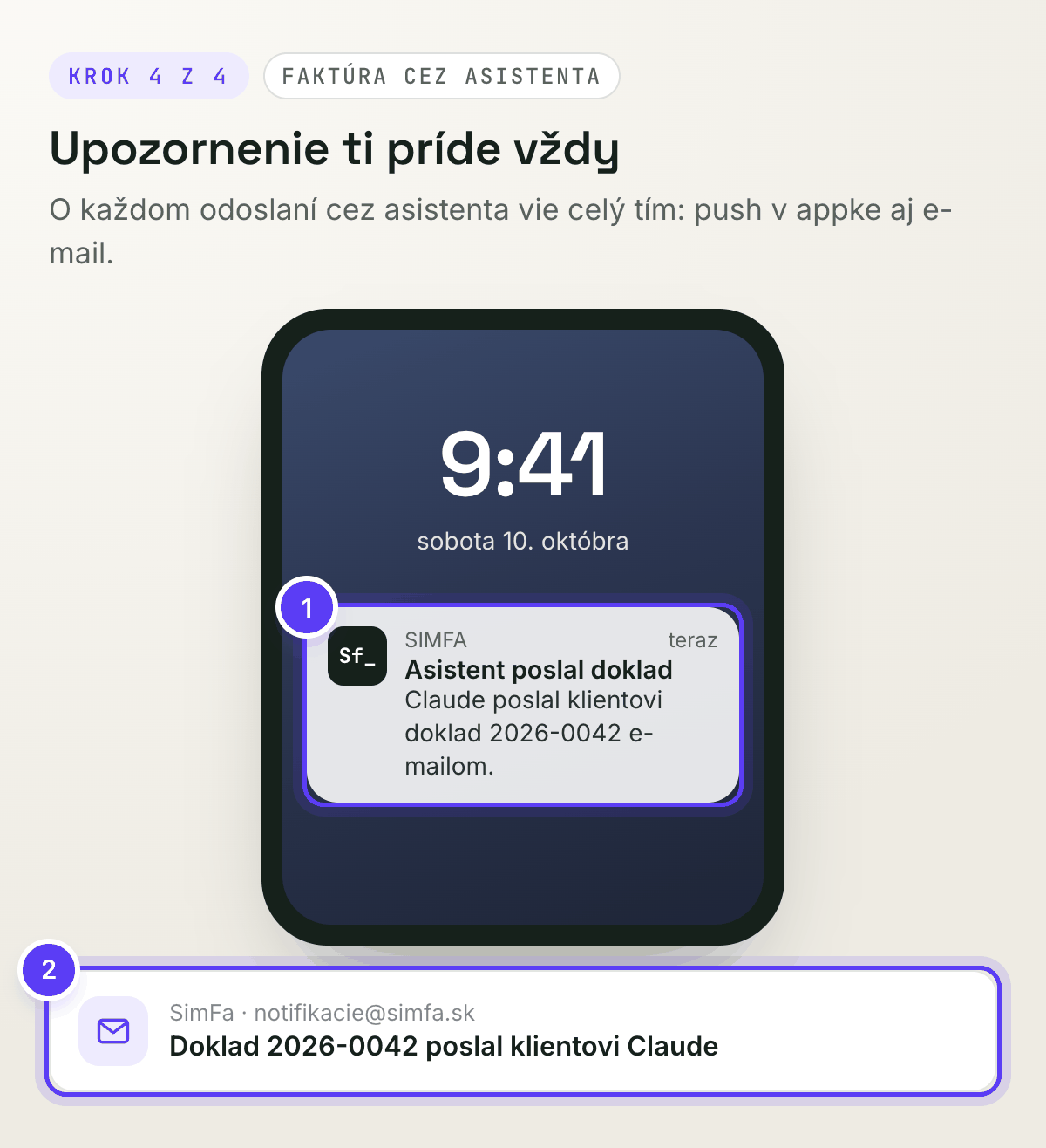 Upozornenie v telefóne a e-mail o faktúre, ktorú poslal asistent