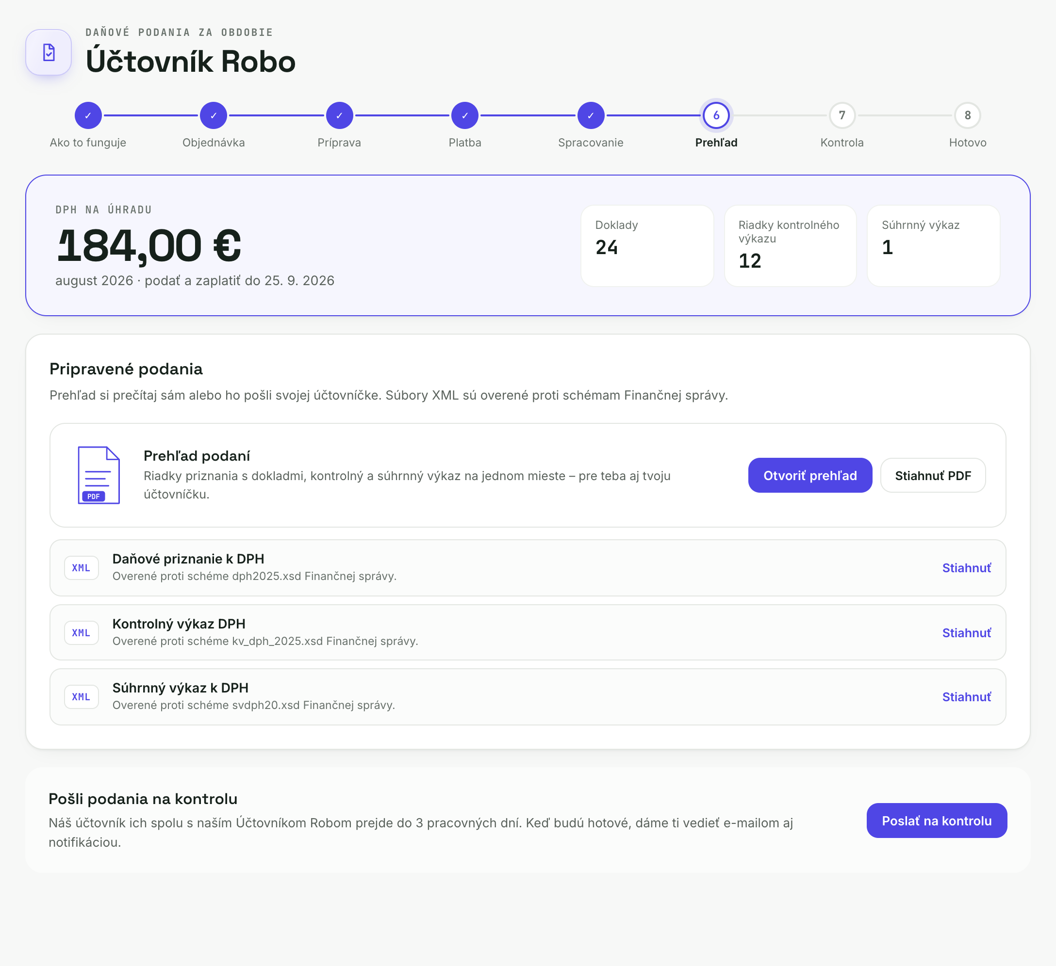 Prehľad, výsledok, PDF a súbory XML