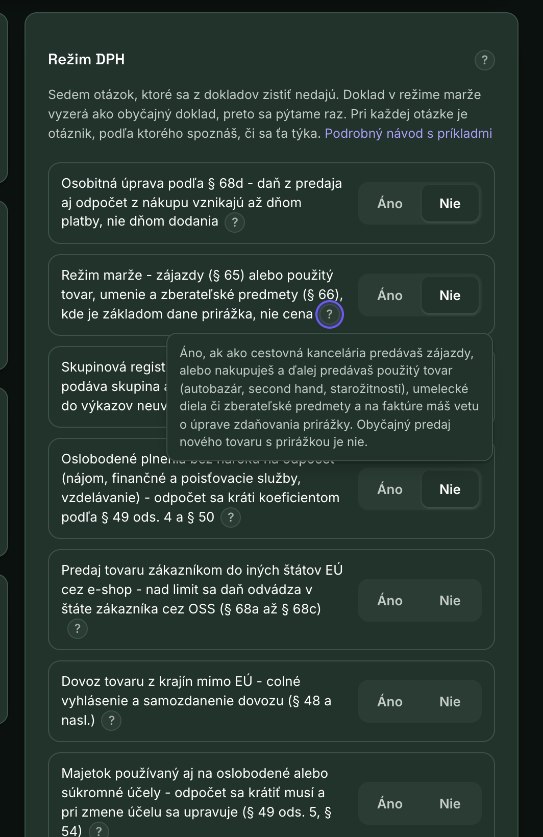 Karta Režim DPH s otvorenou vysvetlivkou pri otázke o marži