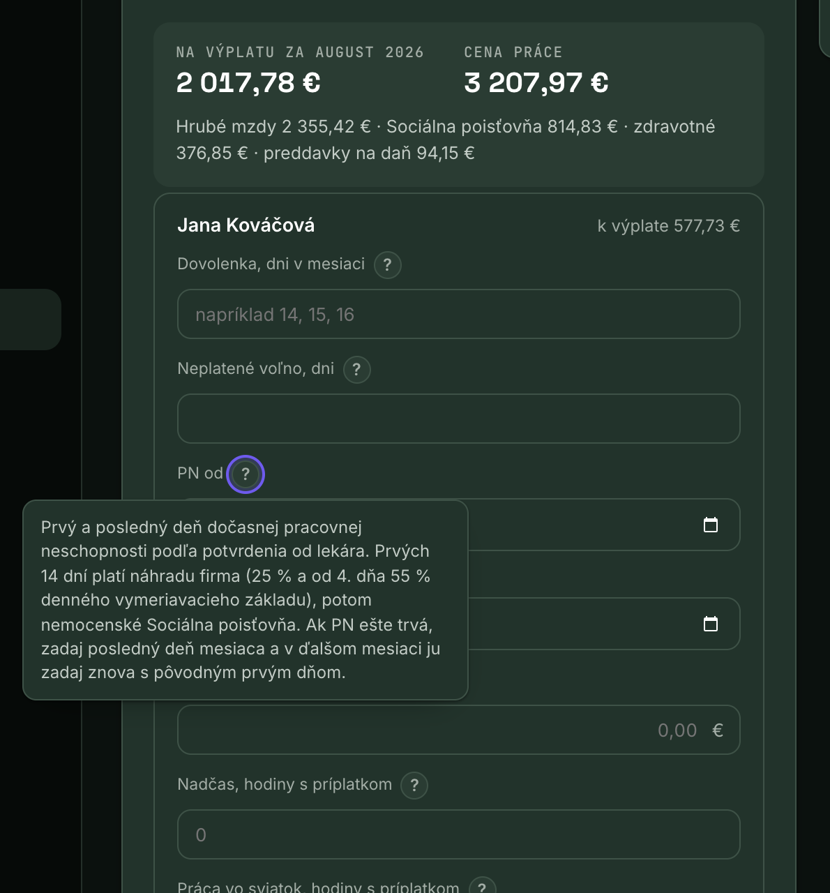 Podklady mesiaca v karte Mzdy s vysvetlivkou pri PN