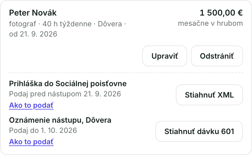 Povinnosti zamestnanca s lehotou, tlačidlom Stiahnuť XML a odkazom na návod