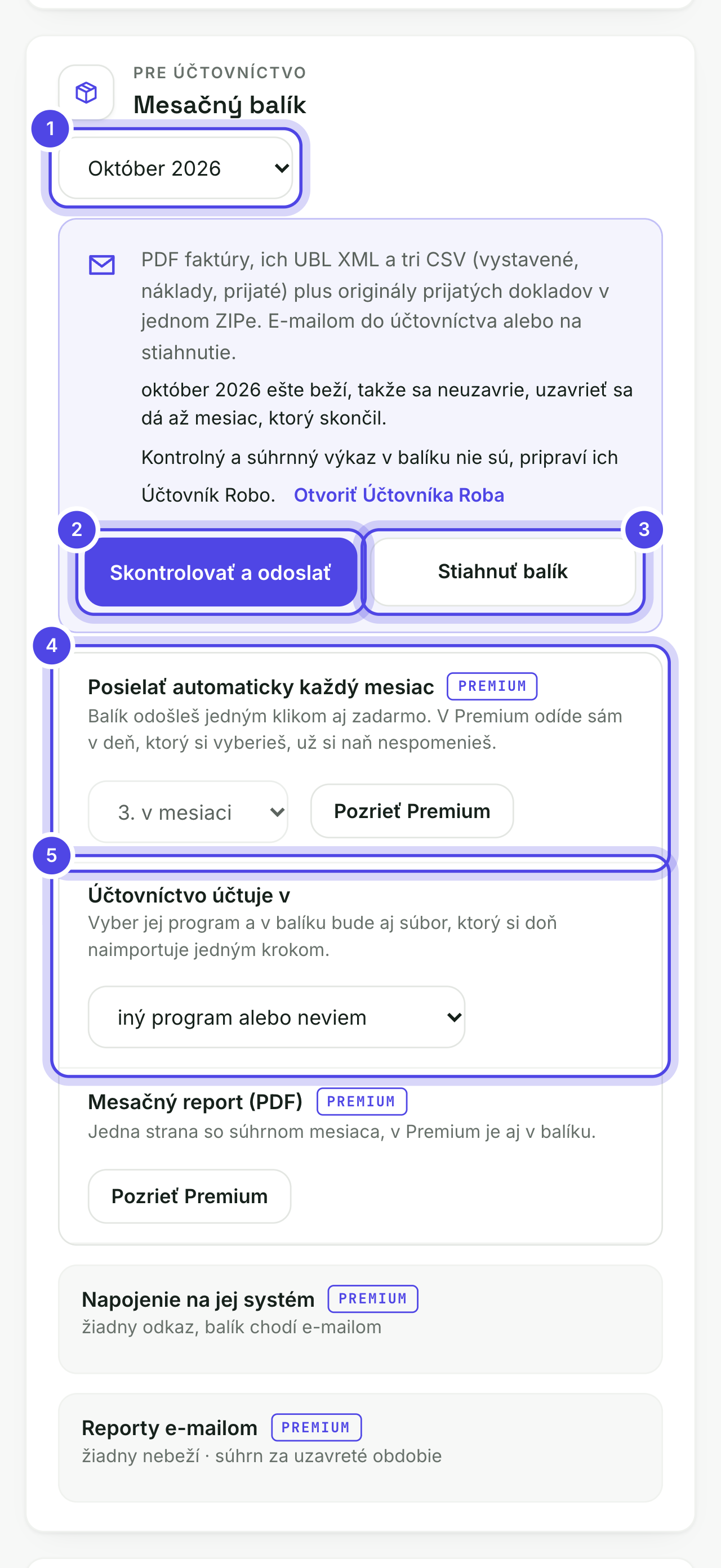 Karta Mesačný balík v Exportoch s očíslovanými časťami