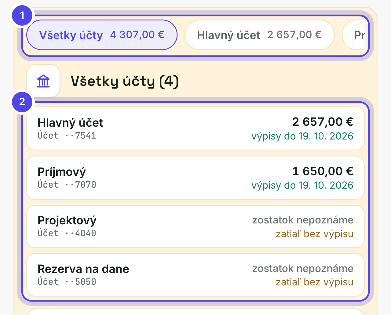 Prepínač účtov v Banke s Všetkými účtami