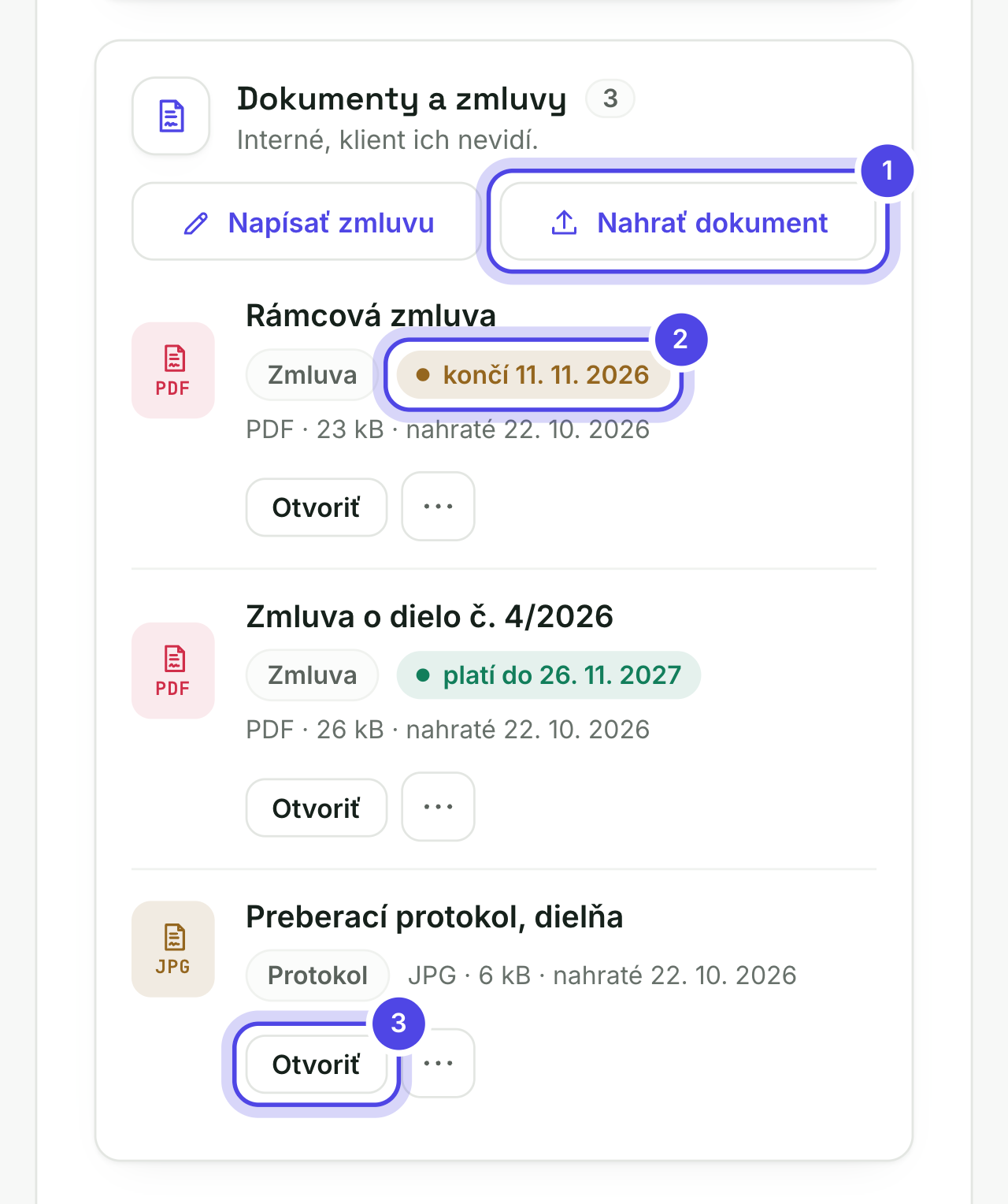 Karta Dokumenty a zmluvy pri klientovi