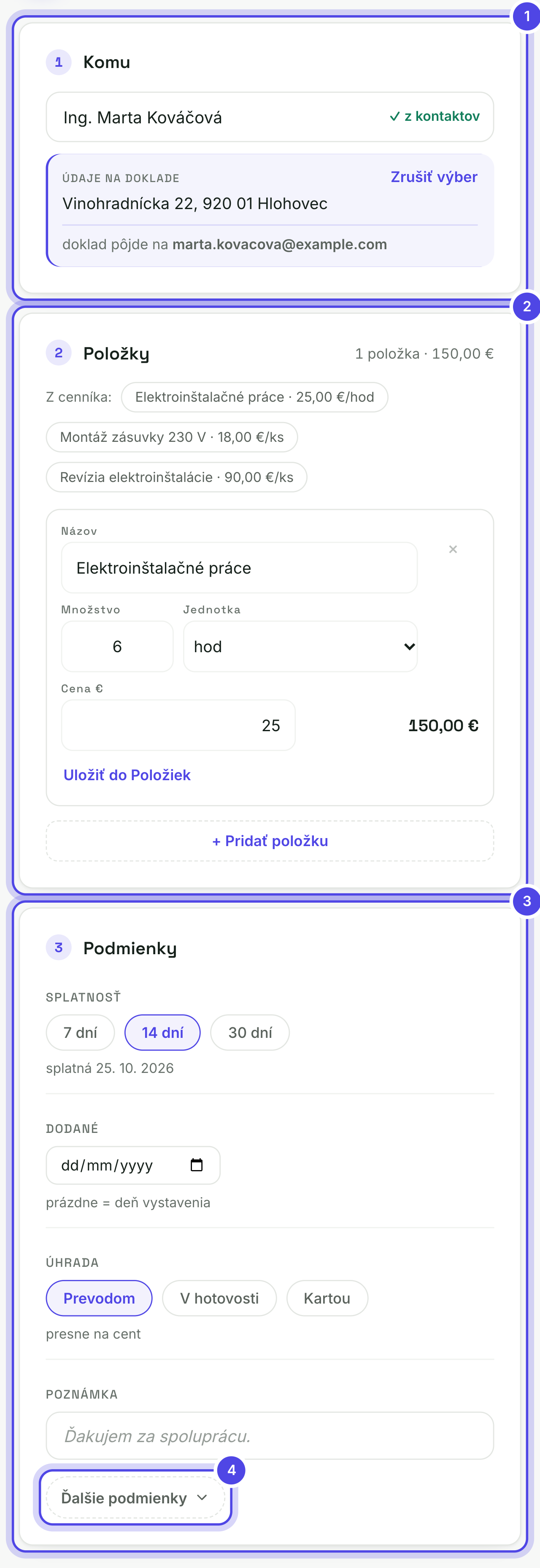 Editor faktúry s očíslovanými časťami