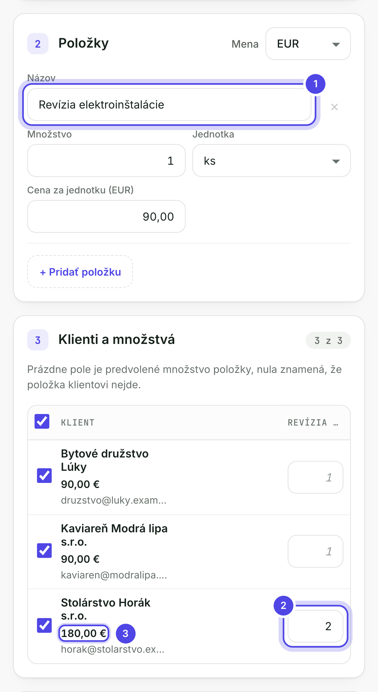 Hromadná faktúra: položka, množstvo pri klientovi a suma