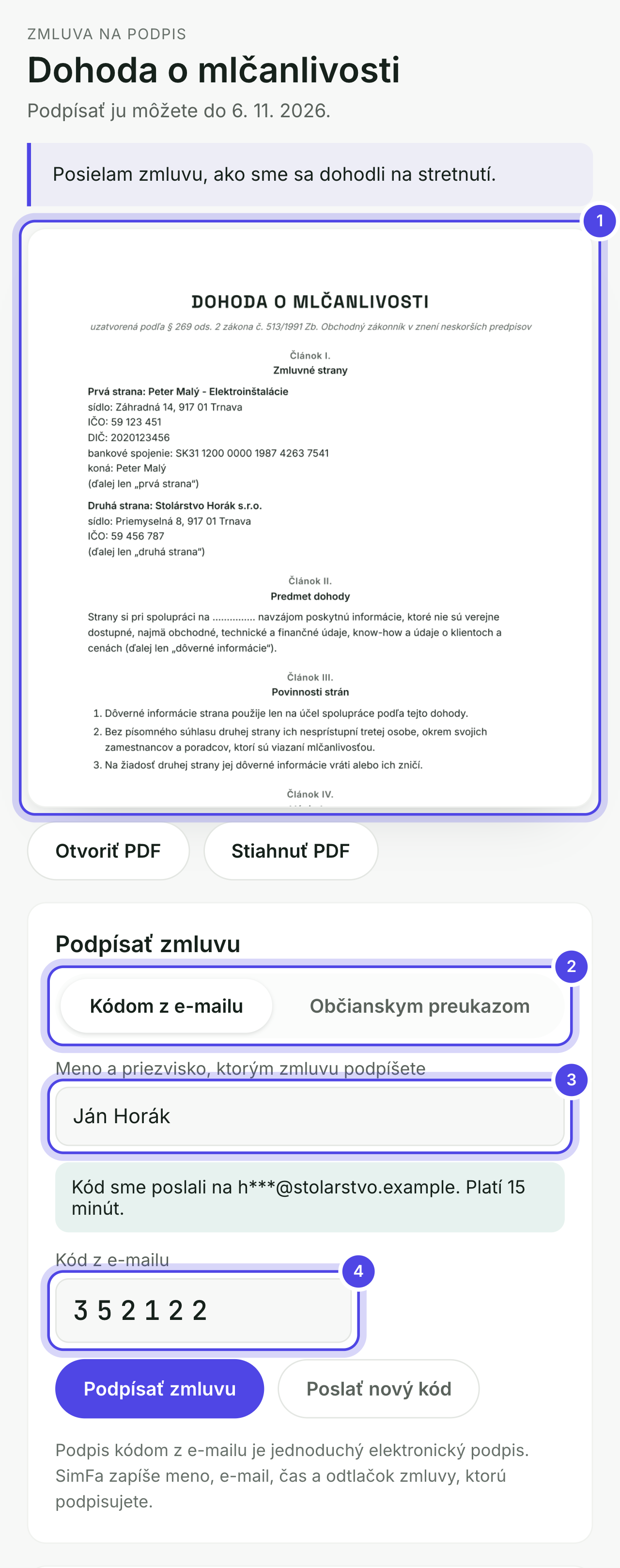 Stránka zmluvy pre klienta