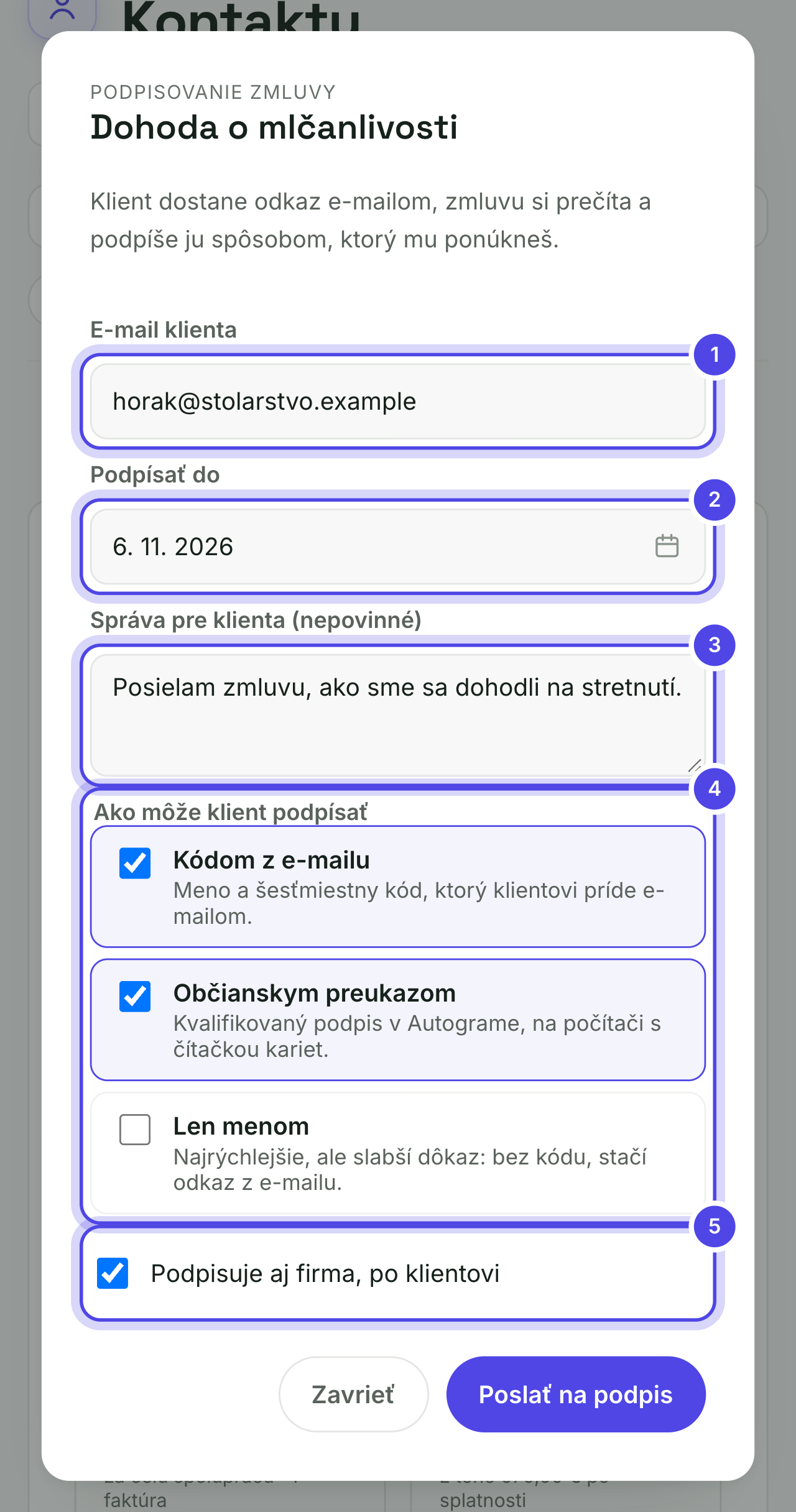 Okno Poslať na podpis