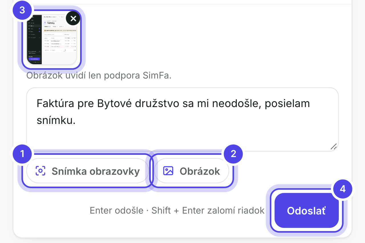 Pole správy so snímkou obrazovky a tlačidlami