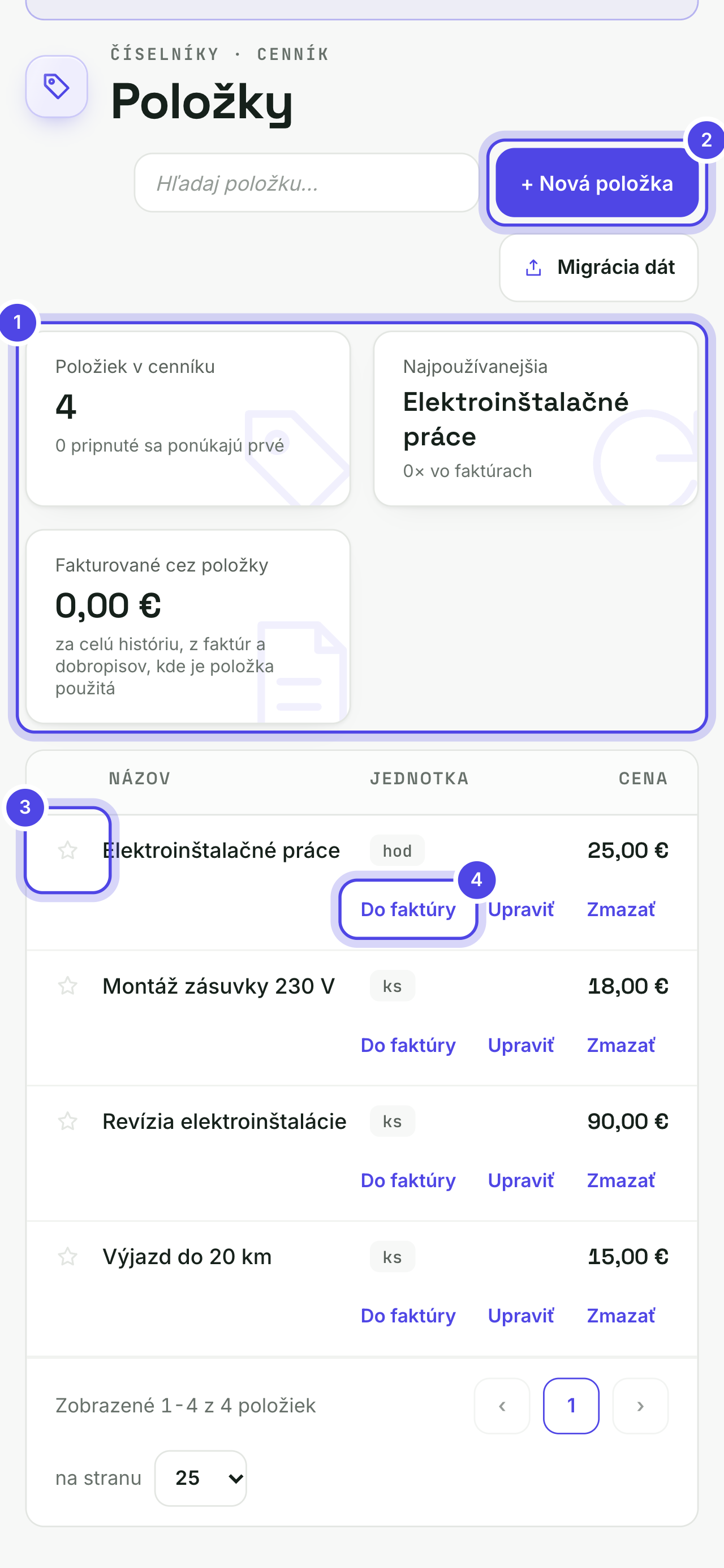 Položky s očíslovanými časťami