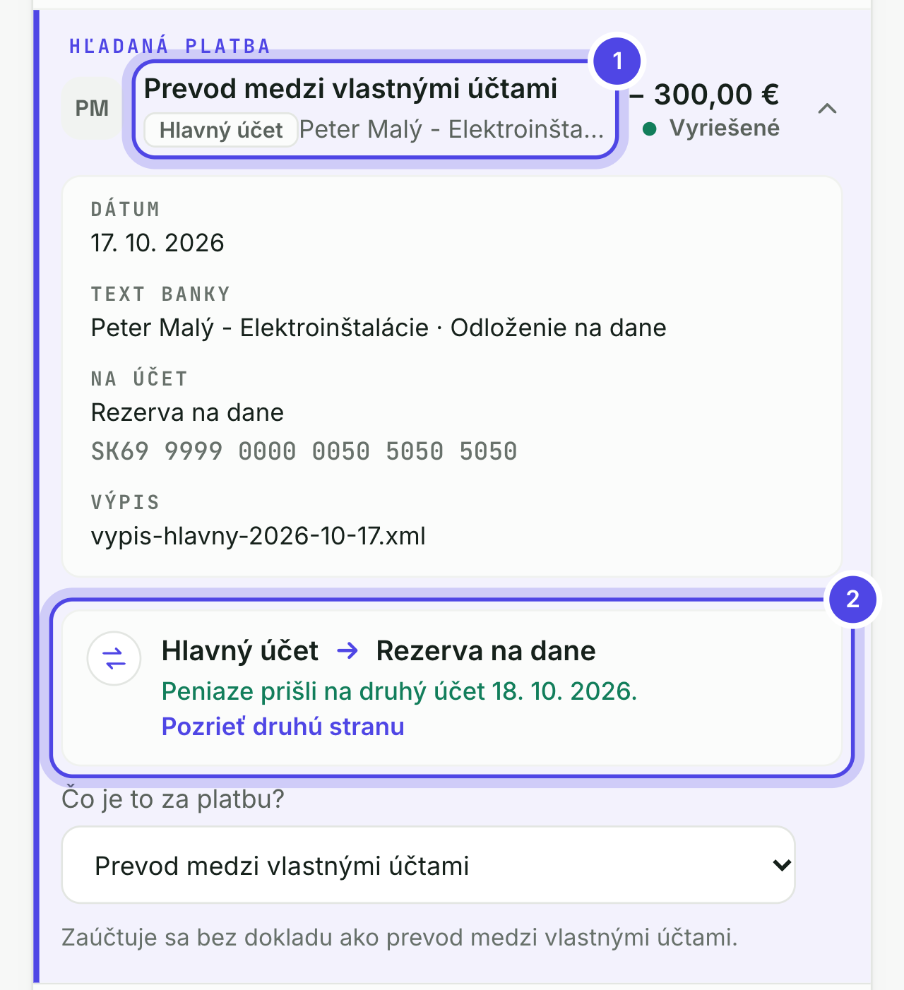 Prevod medzi vlastnými účtami v Banke so spojenou druhou stranou