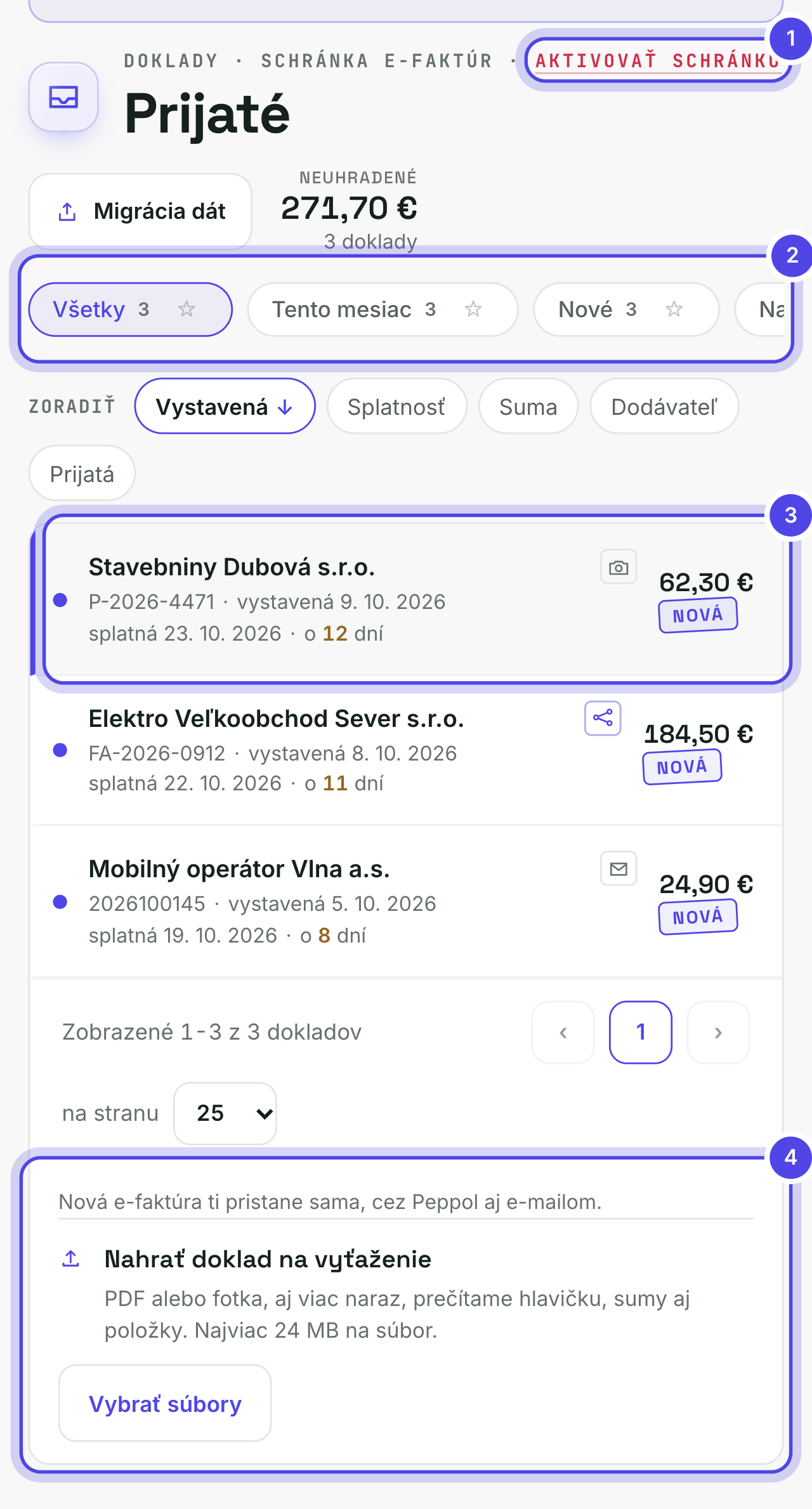 Prijaté s očíslovanými časťami