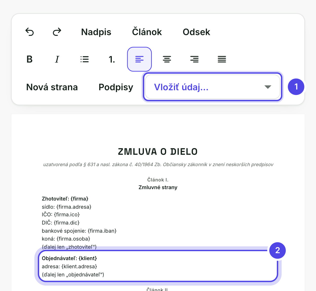 Úprava vlastnej šablóny zmluvy