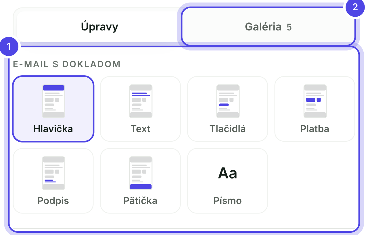 Časti e-mailu a záložka Galéria v štúdiu