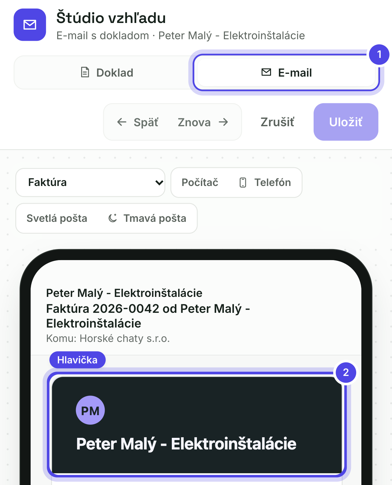 Štúdio vzhľadu v režime E-mail s vyznačenou hlavičkou