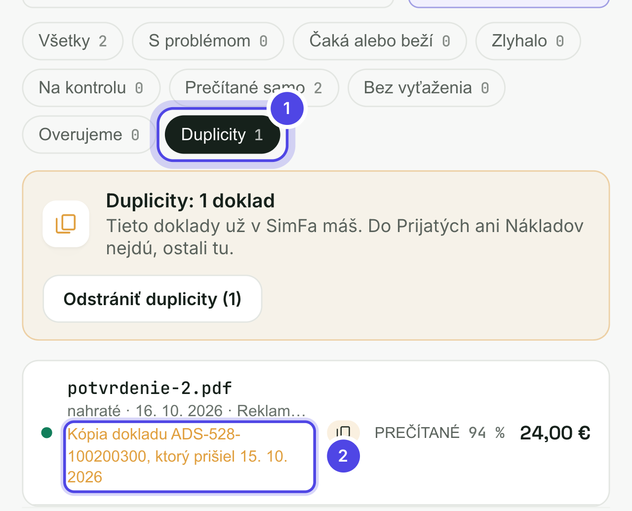 Priehradka Duplicity a riadok, čoho je doklad kópiou