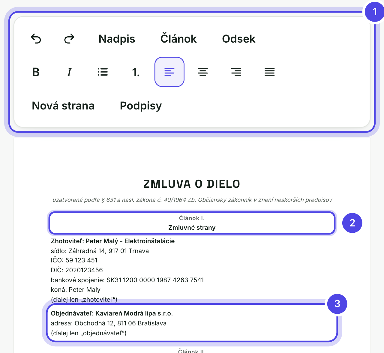 Editor zmluvy o dielo z ponuky
