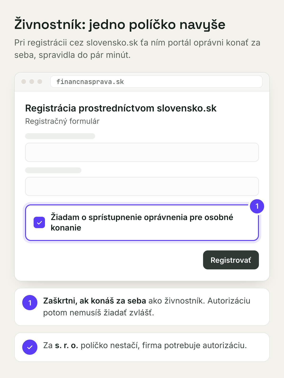 Registračný formulár, políčko pre osobné konanie živnostníka