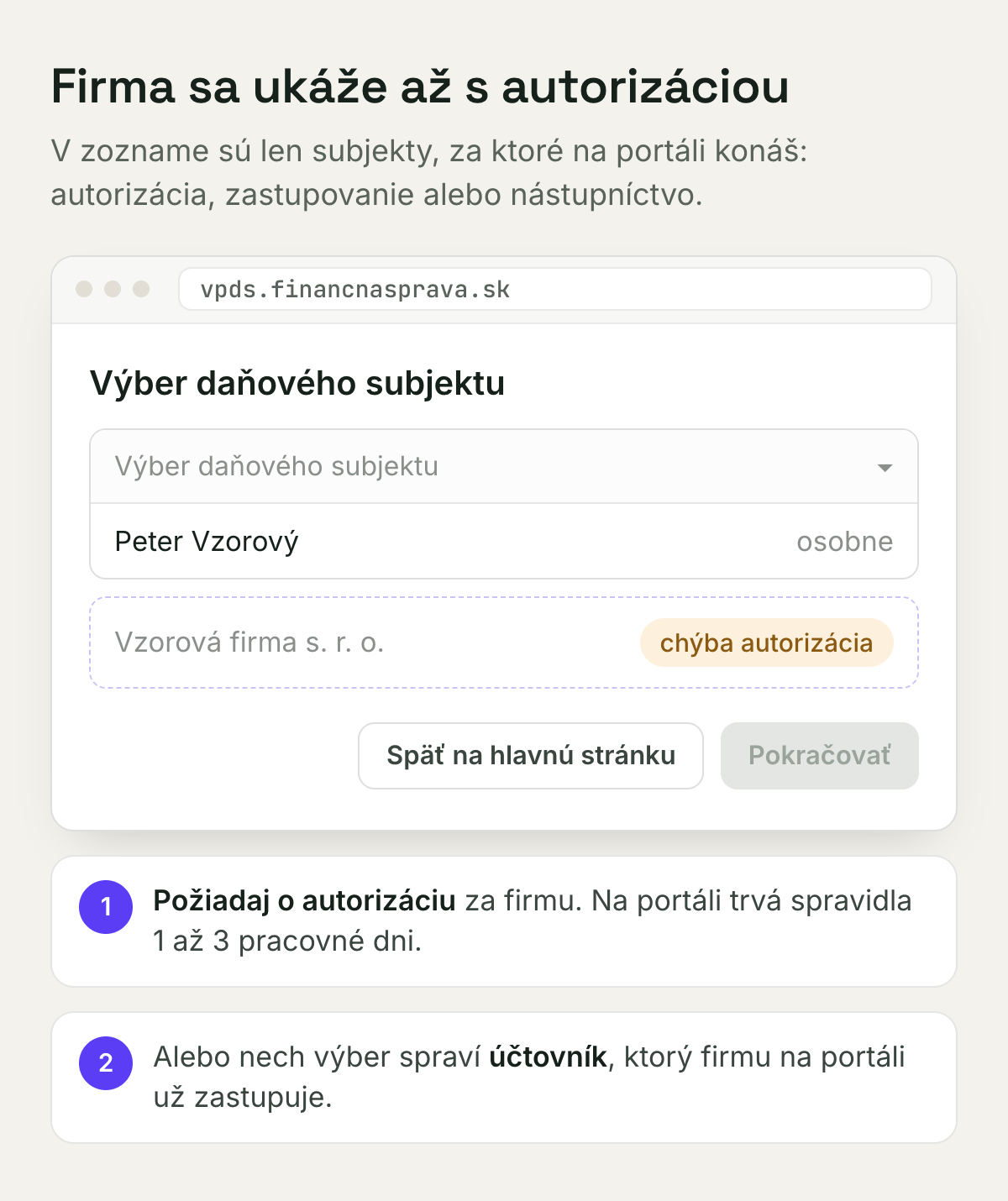 Výber daňového subjektu, firma v zozname chýba bez autorizácie
