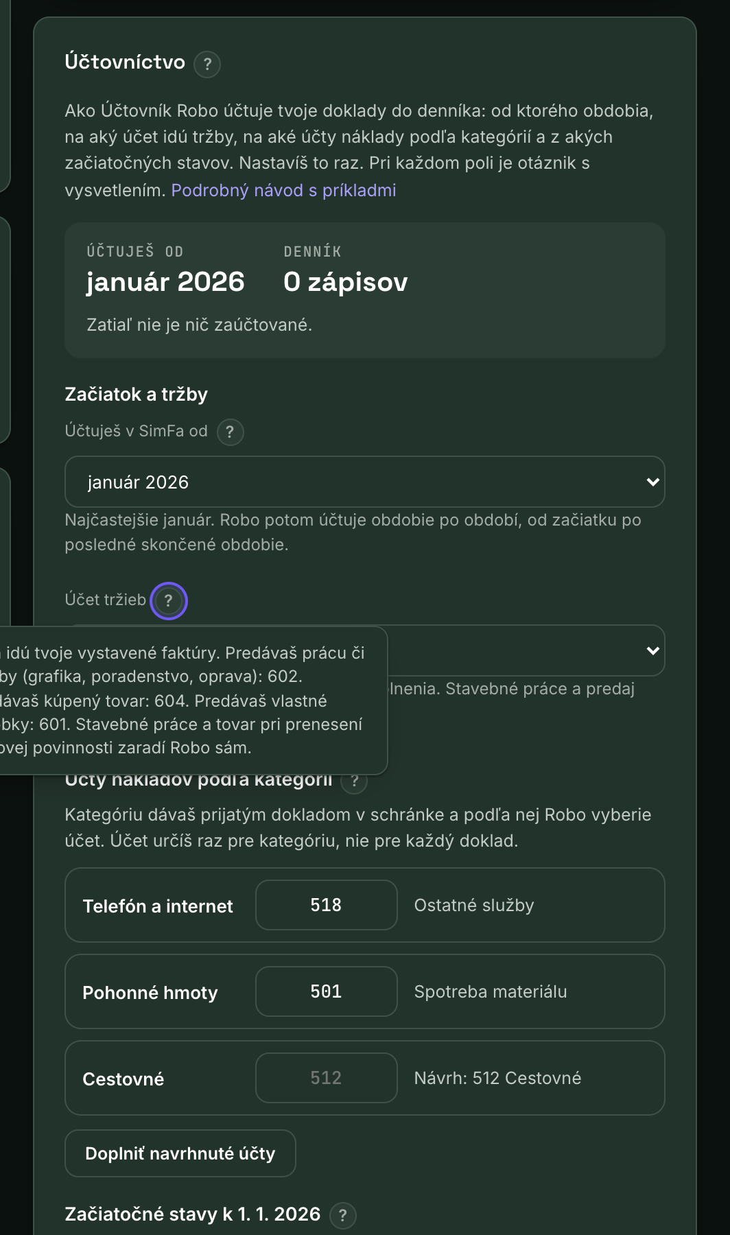 Karta Účtovníctvo s otvorenou vysvetlivkou pri účte tržieb