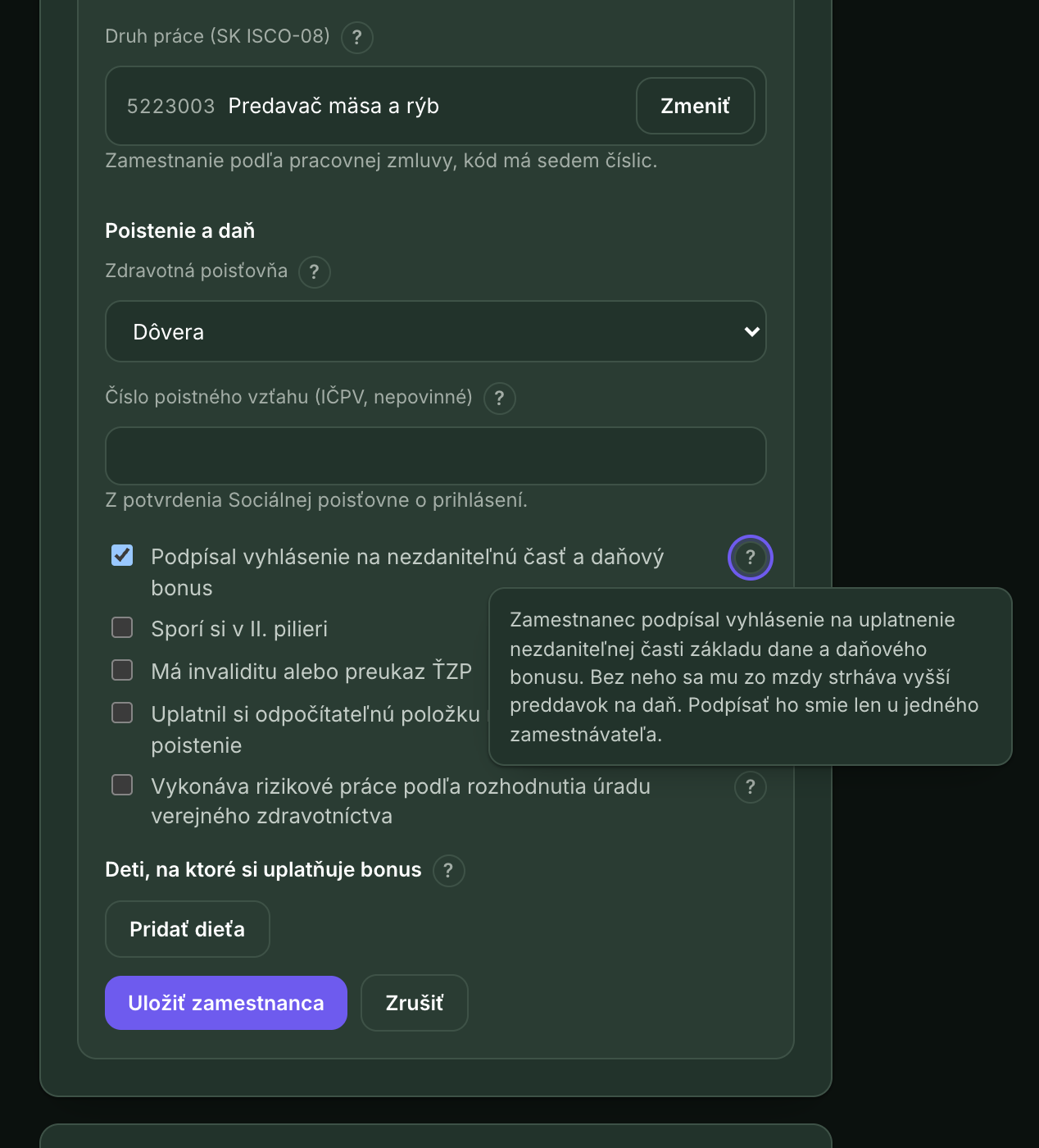 Formulár zamestnanca s vysvetlivkou pri vyhlásení na nezdaniteľnú časť