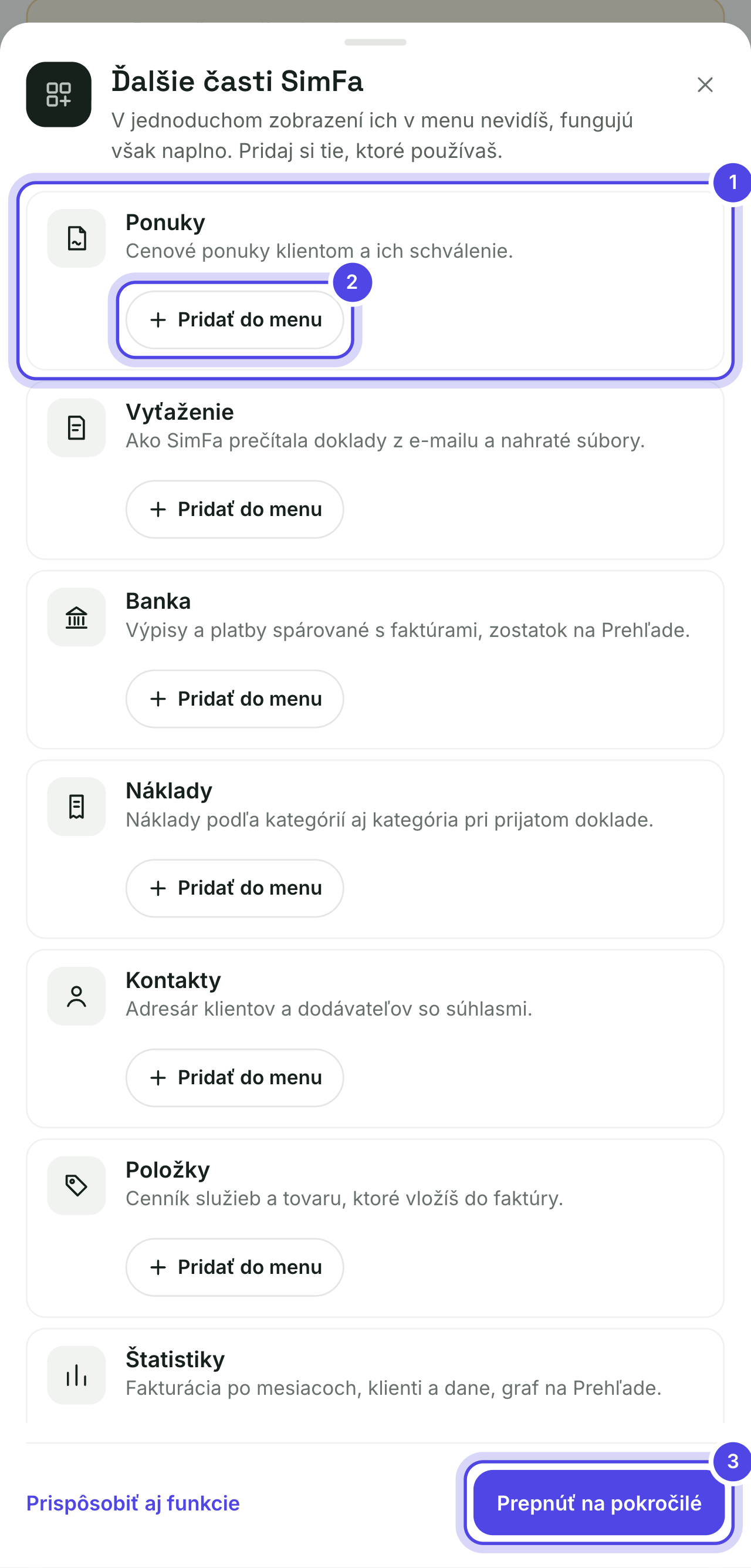 Okno Ďalšie časti so zoznamom častí
