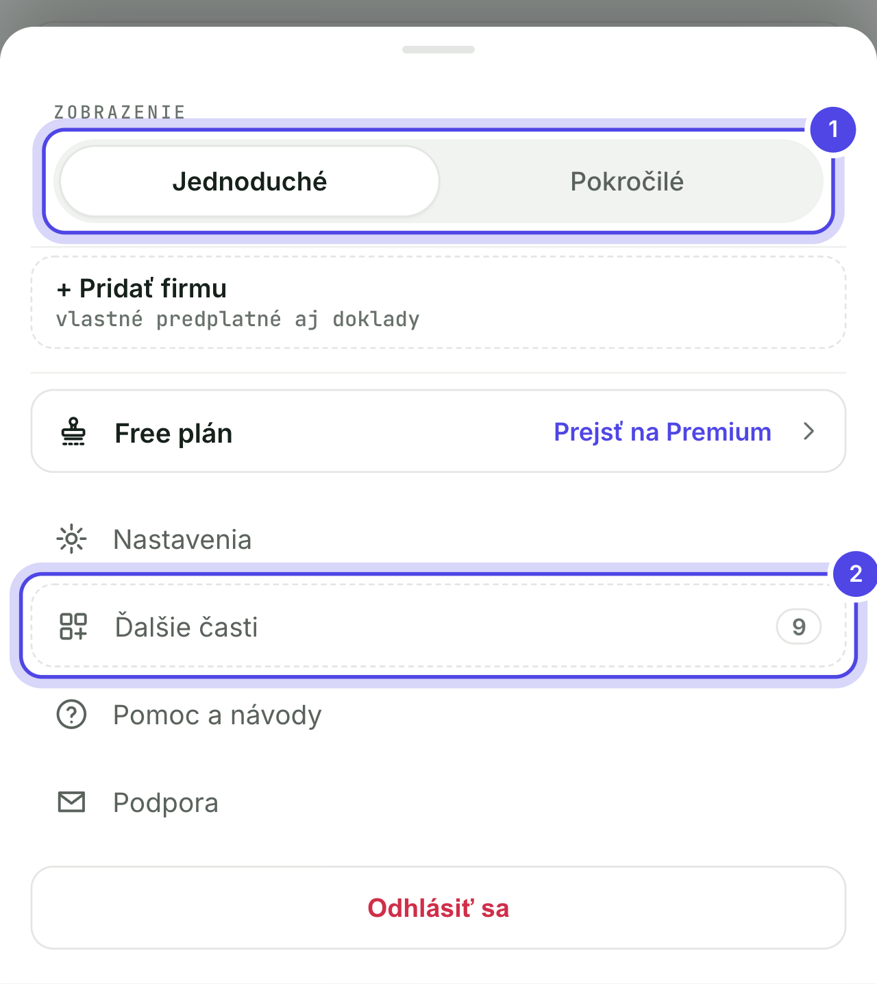 Menu s prepínačom zobrazenia a riadkom Ďalšie časti